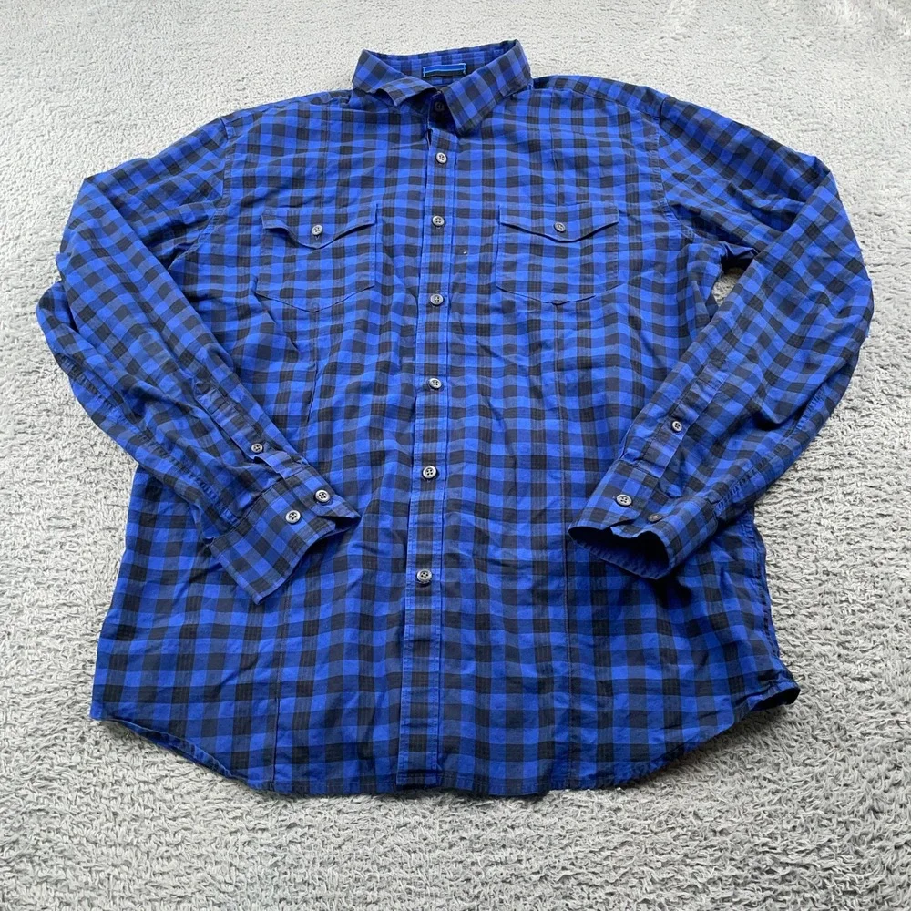 Banana Republic Shirt Mens Large Blue Black Buffalo Plaid Slim Fit Long Sleeve